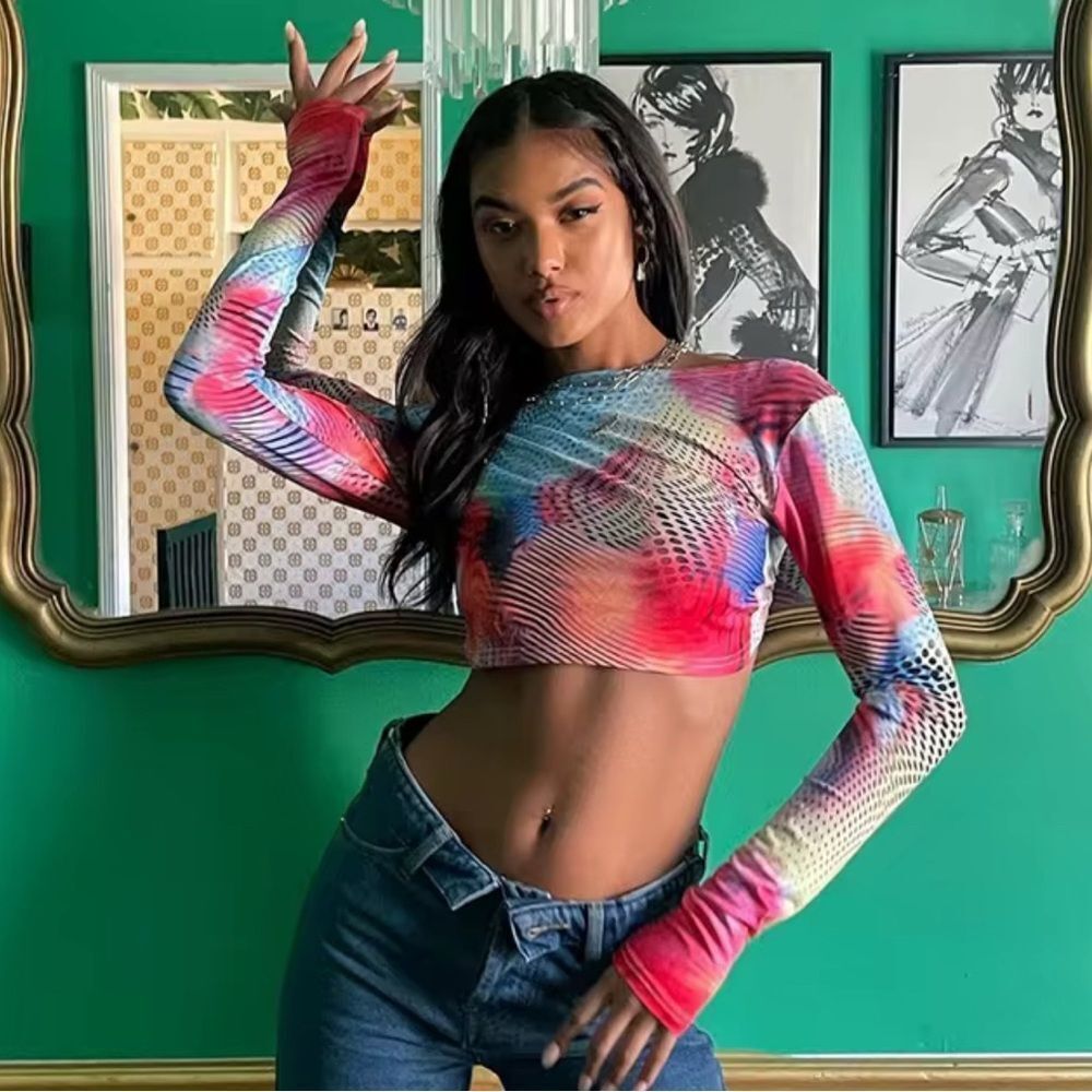 Edikted Multicolor Long Sleeve Mesh Crop Top